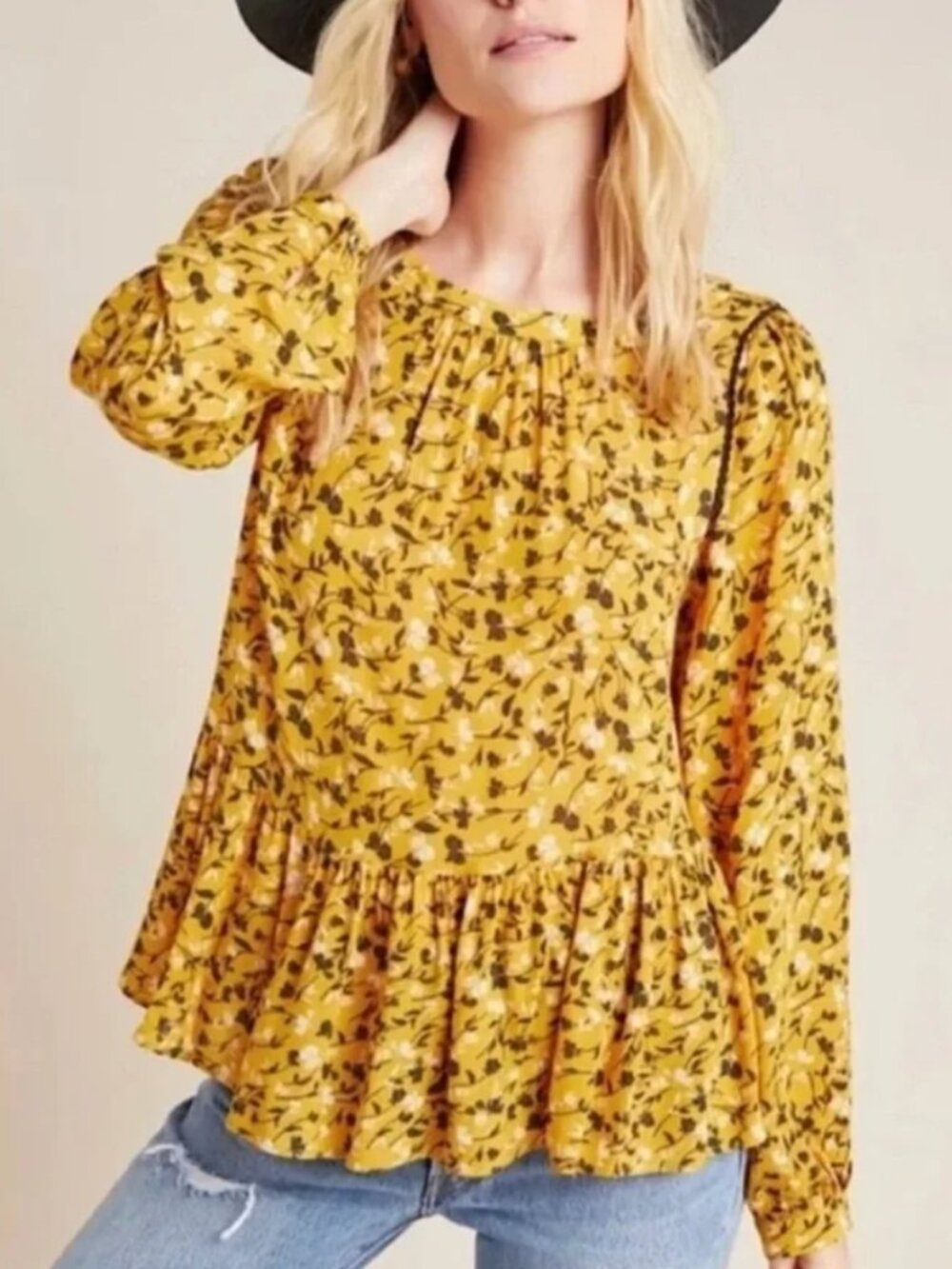 Maeve Anthropologie Women's Size Small Yellow Floral Ditsy Peplum Top